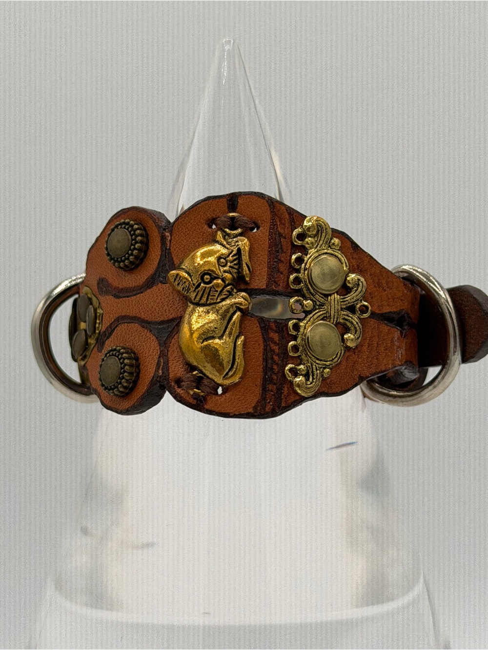 Vintage ST SAVIS 387 Feline Embellish Leather Steampunk Bracelet Jewelry Cat